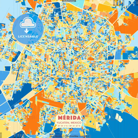 Mérida, Yucatán, Mexico blue and orange vector art map template