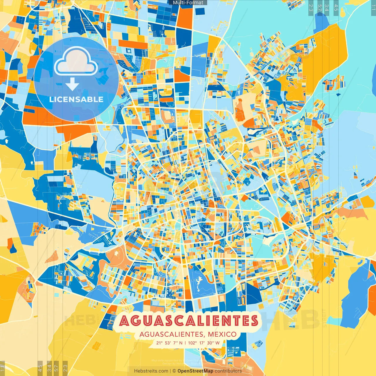 Aguascalientes, Aguascalientes, Mexico blue and orange vector art map template