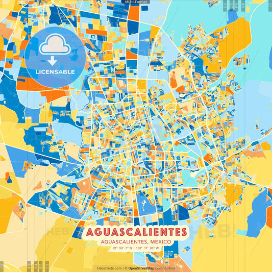 Aguascalientes, Aguascalientes, Mexico blue and orange vector art map template