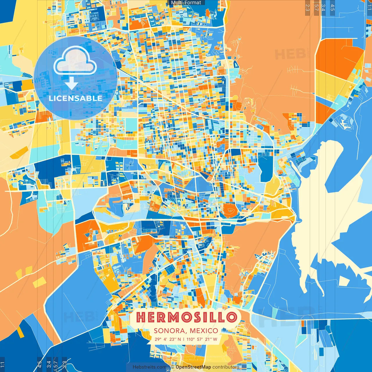 Hermosillo, Sonora, Mexico blue and orange vector art map template