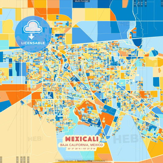 Mexicali, Baja California, Mexico blue and orange vector art map template
