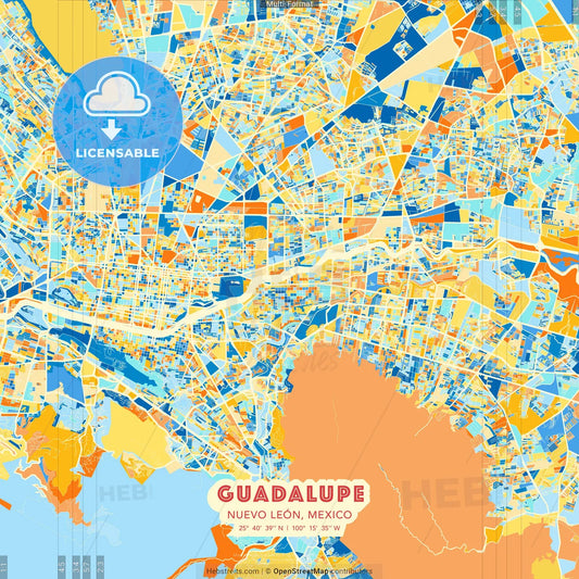 Guadalupe, Nuevo León, Mexico blue and orange vector art map template
