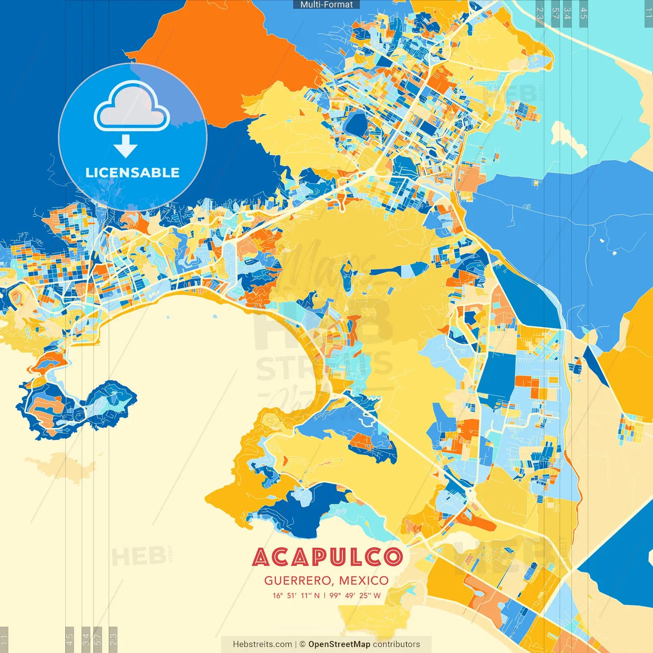 Acapulco, Guerrero, Mexico blue and orange vector art map template