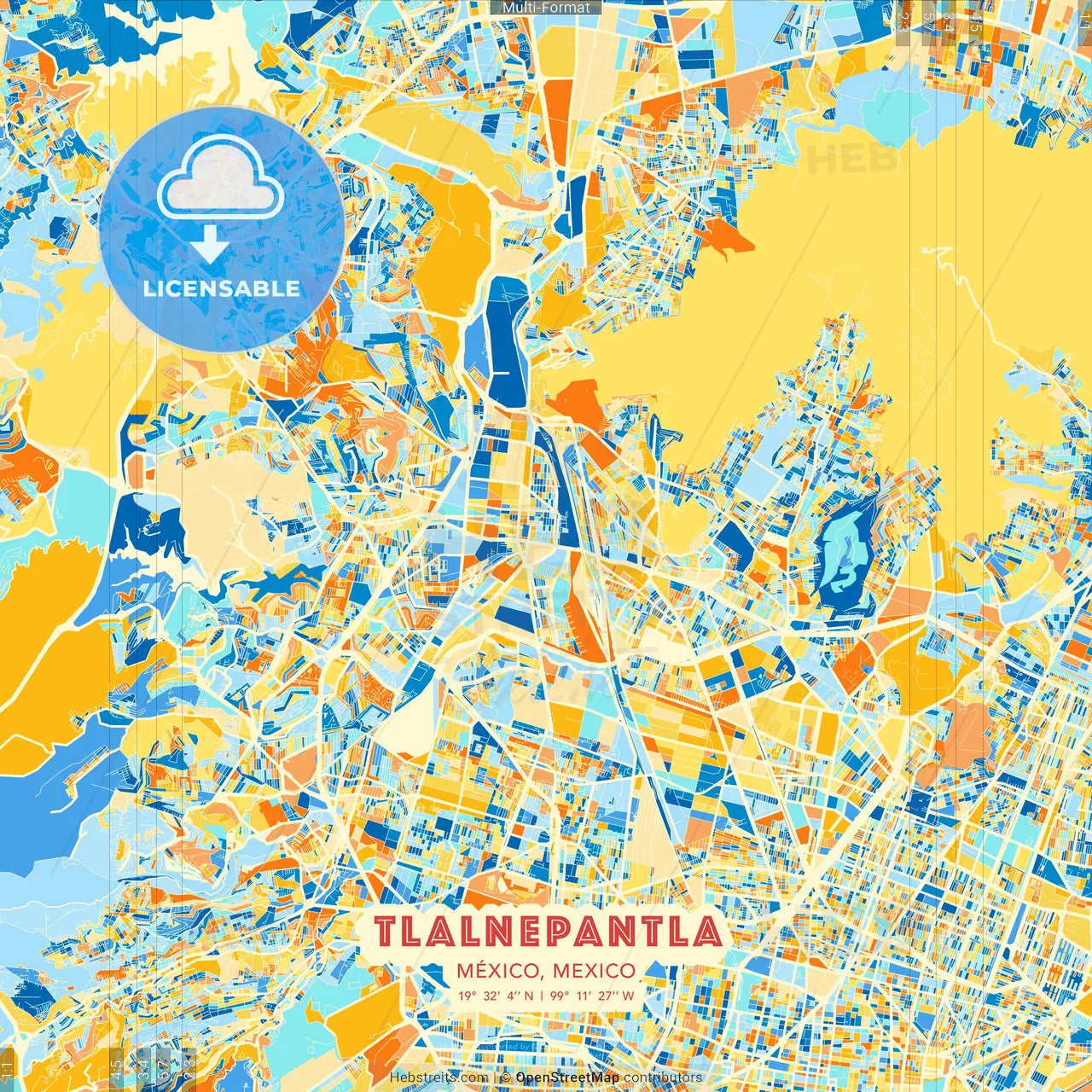Tlalnepantla, México, Mexico blue and orange vector art map template