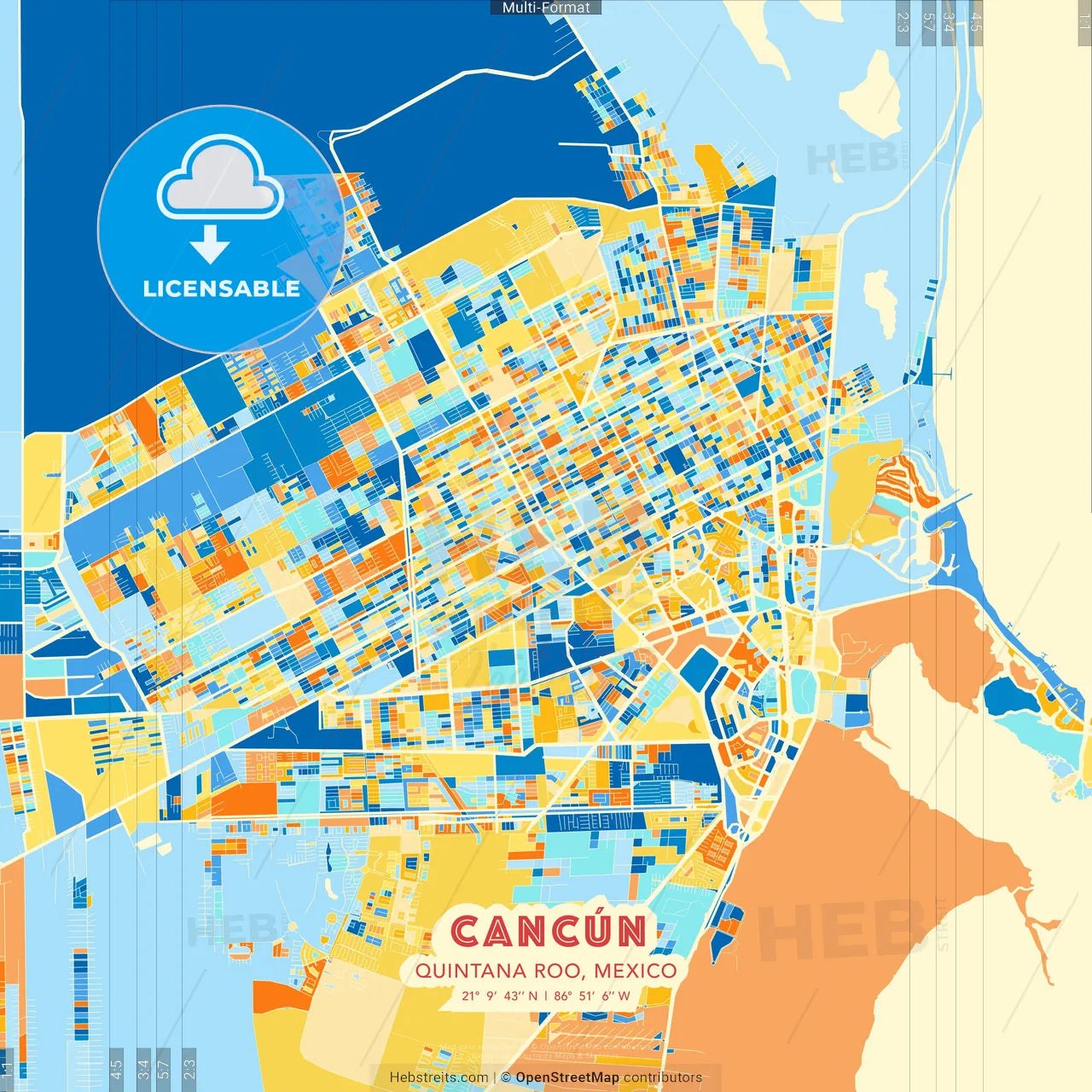 Cancún, Quintana Roo, Mexico blue and orange vector art map template