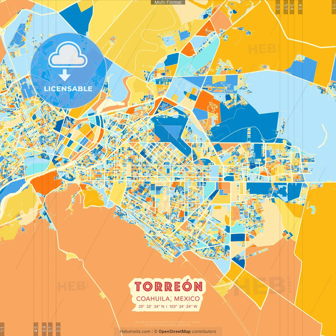 Torreón, Coahuila, Mexico blue and orange vector art map template
