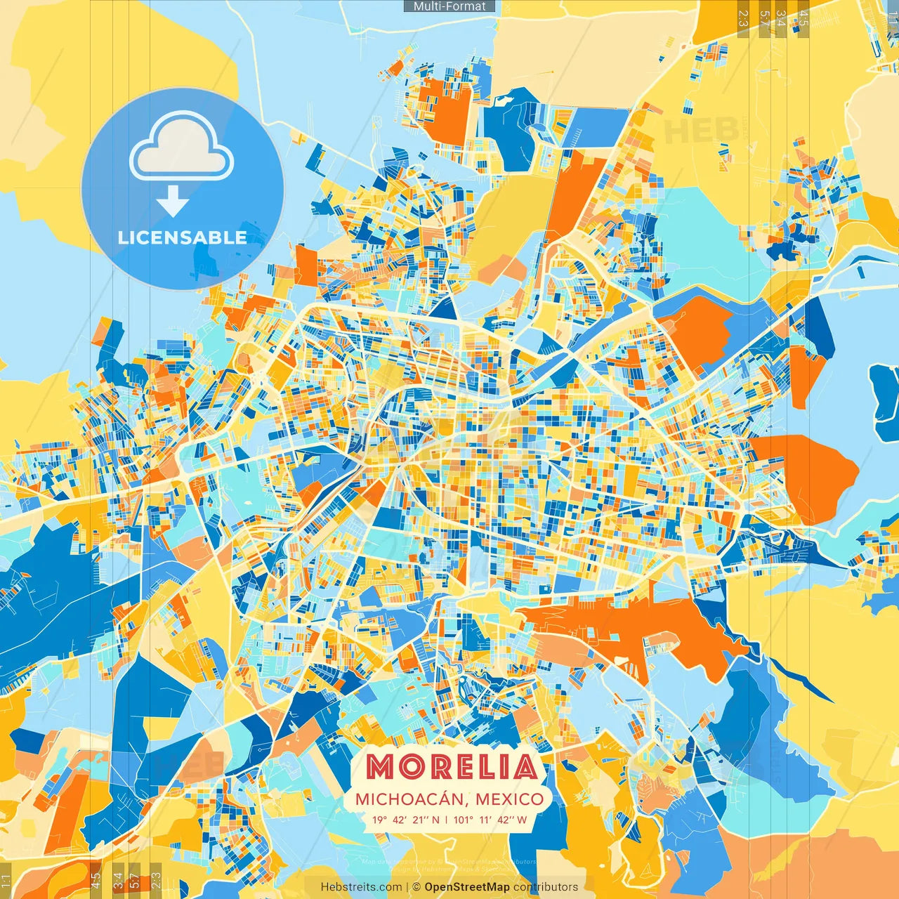 Morelia, Michoacán, Mexico blue and orange vector art map template