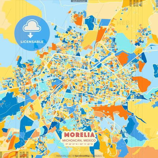 Morelia, Michoacán, Mexico blue and orange vector art map template