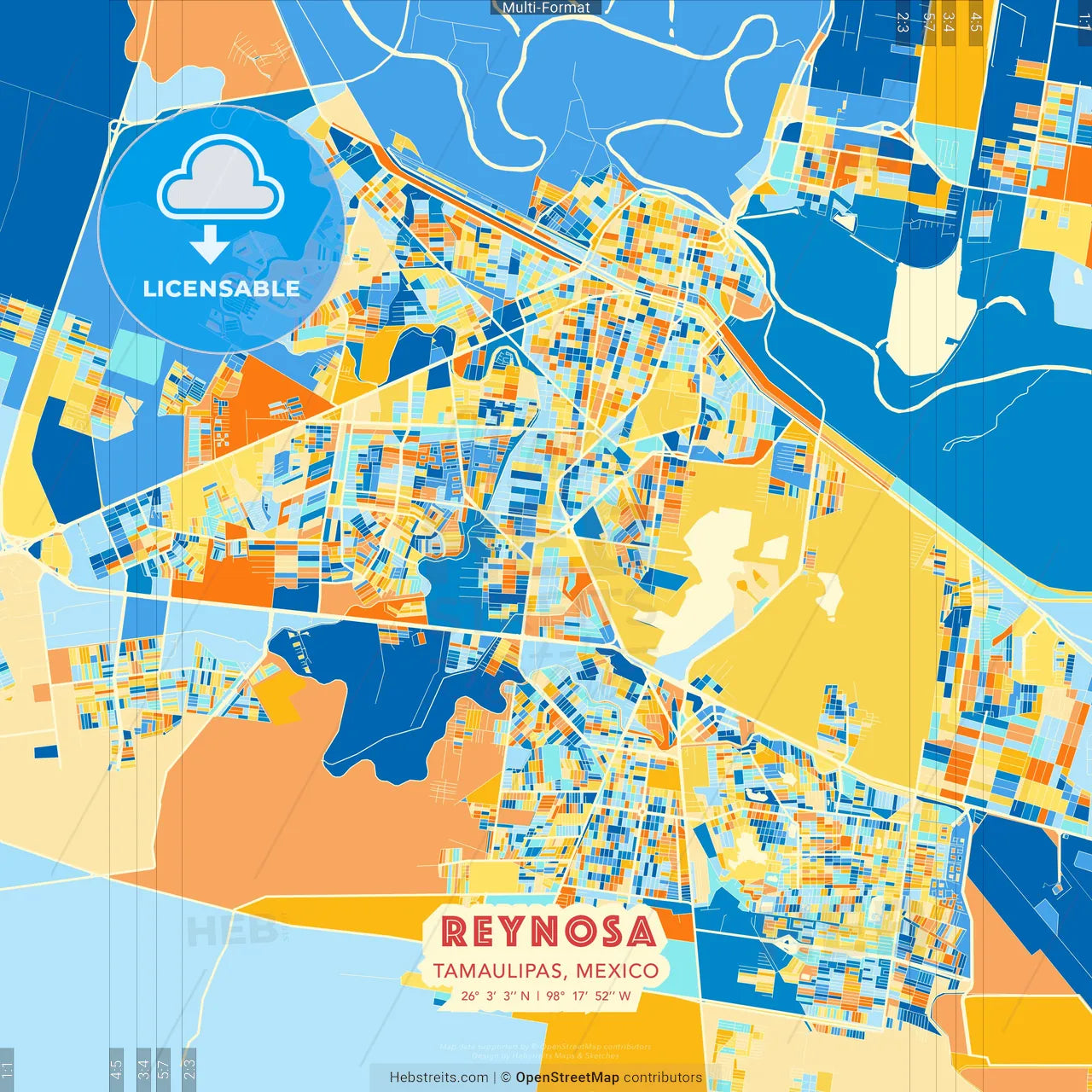 Reynosa, Tamaulipas, Mexico blue and orange vector art map template
