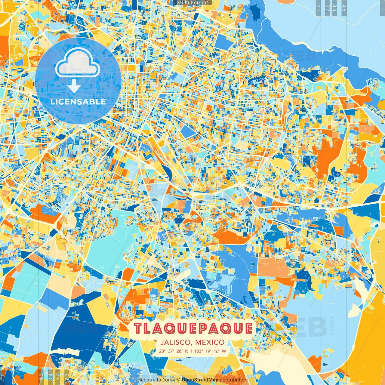 Tlaquepaque, Jalisco, Mexico blue and orange vector art map template