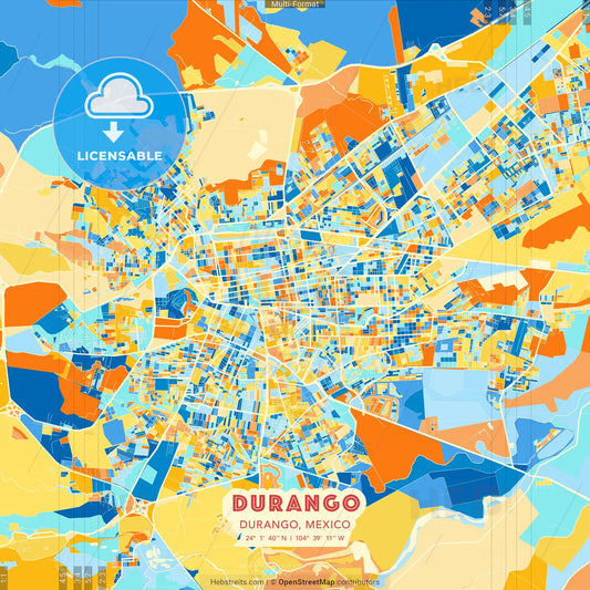 Durango, Durango, Mexico blue and orange vector art map template