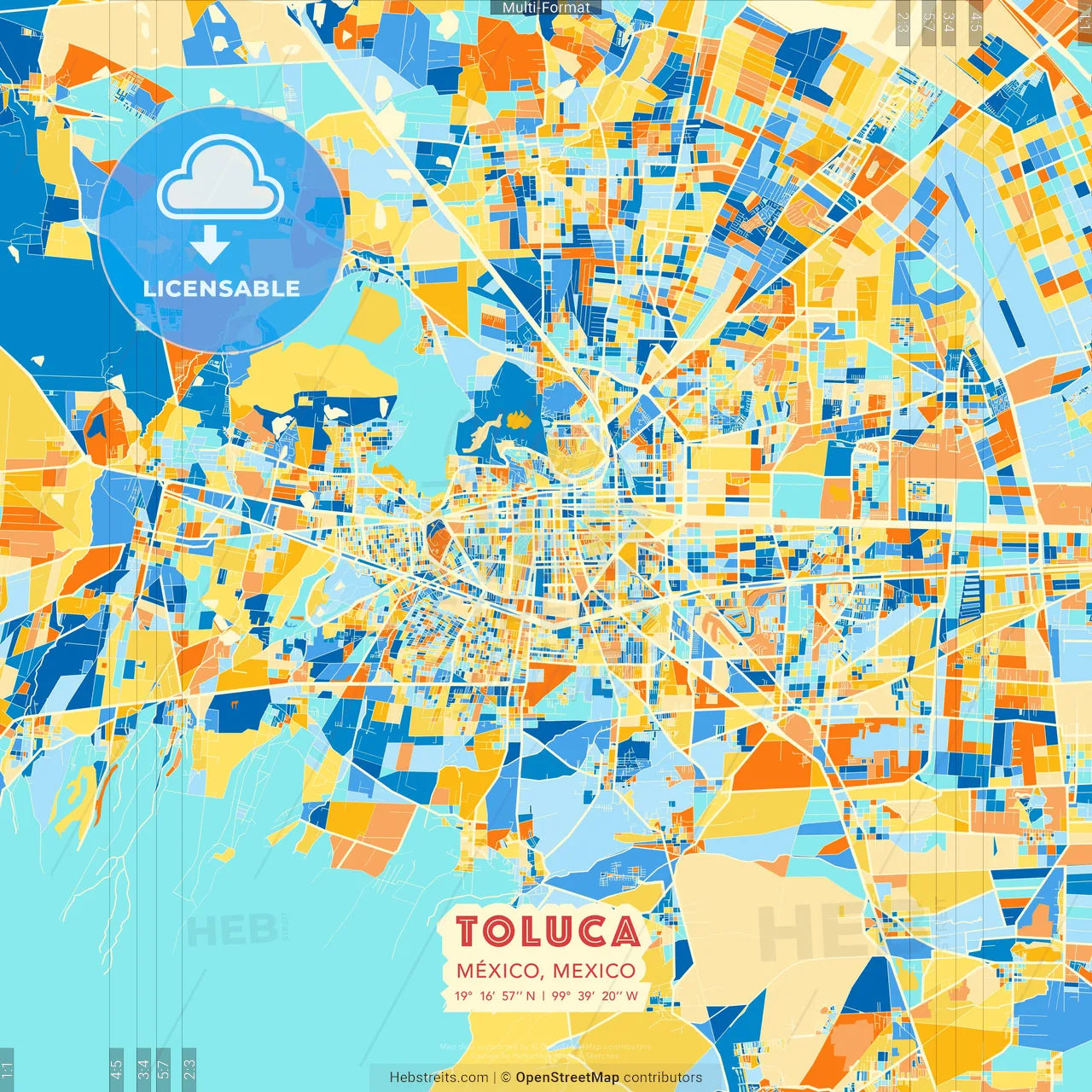 Toluca, México, Mexico blue and orange vector art map template