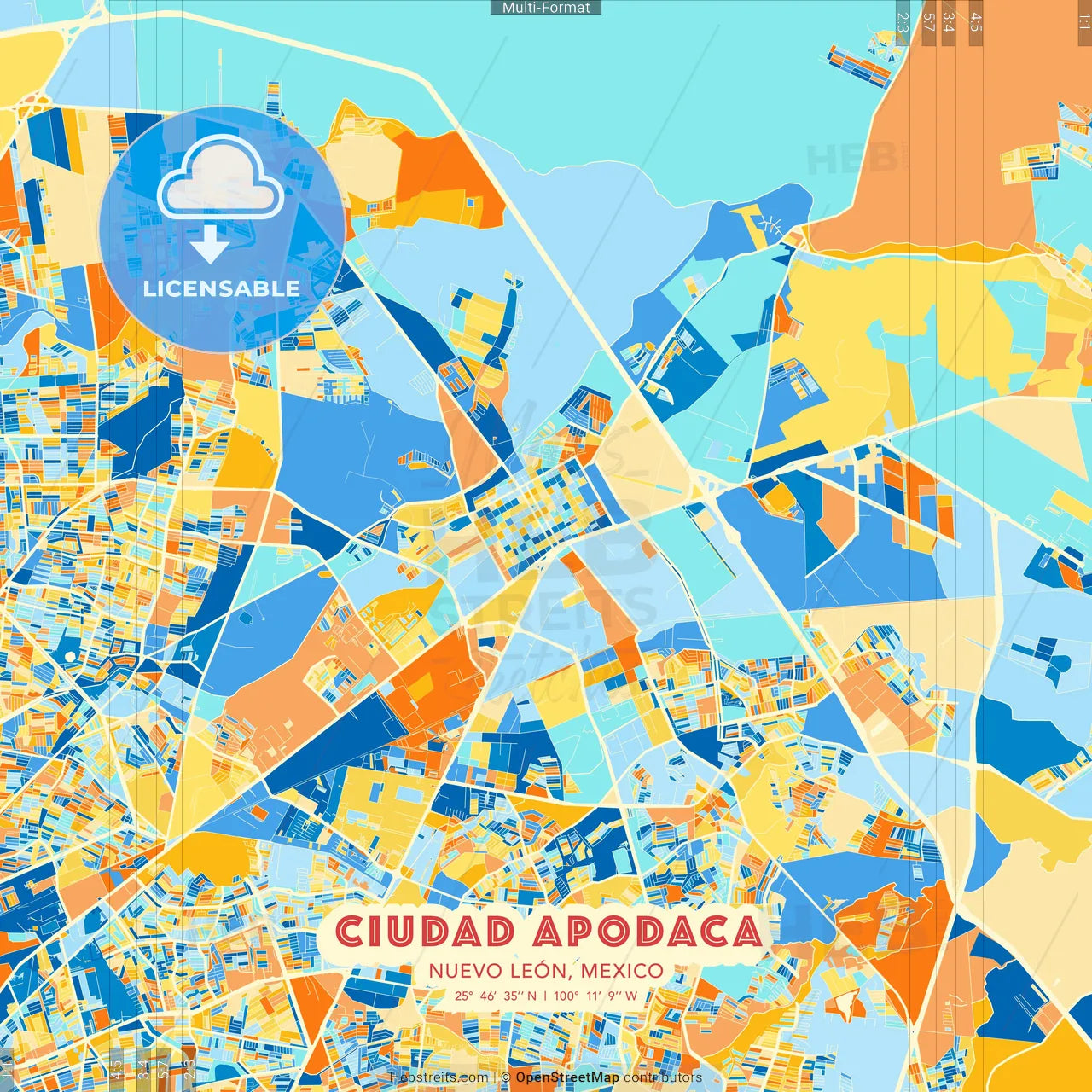 Ciudad Apodaca, Nuevo León, Mexico blue and orange vector art map template
