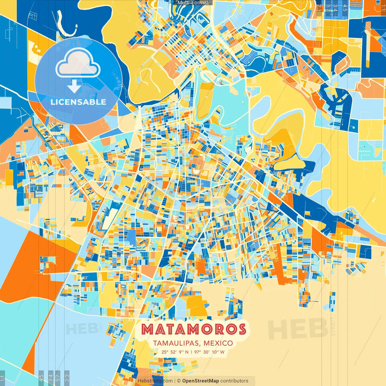Matamoros, Tamaulipas, Mexico blue and orange vector art map template
