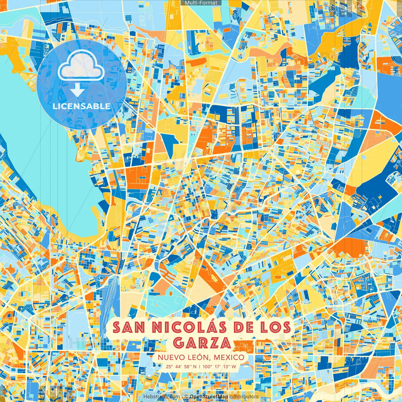 San Nicolás de los Garza, Nuevo León, Mexico blue and orange vector art map template