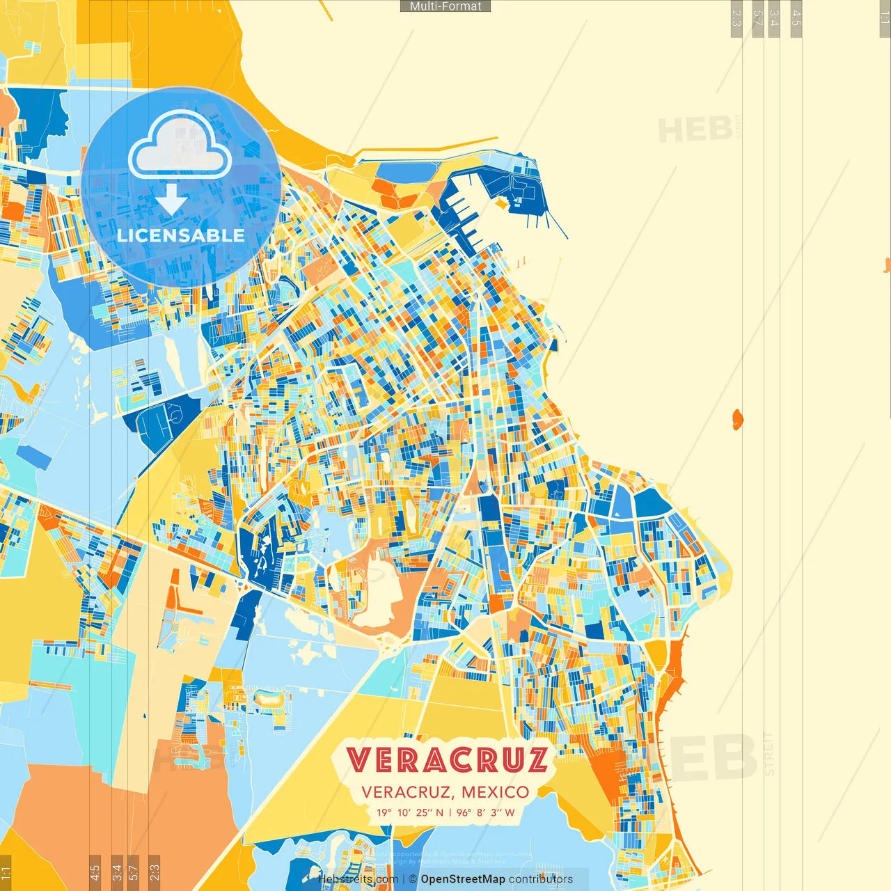 Veracruz, Veracruz, Mexico blue and orange vector art map template