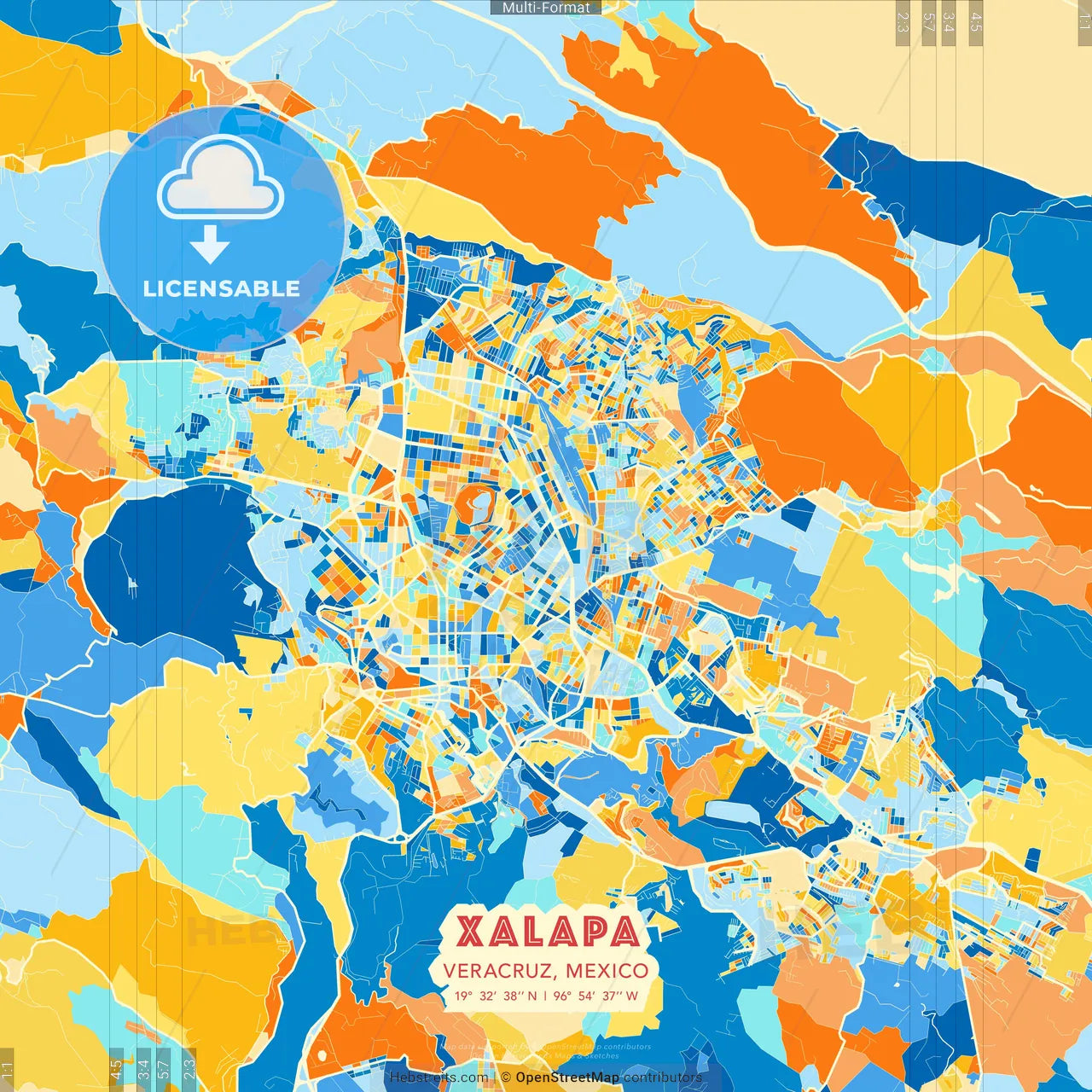 Xalapa, Veracruz, Mexico blue and orange vector art map template