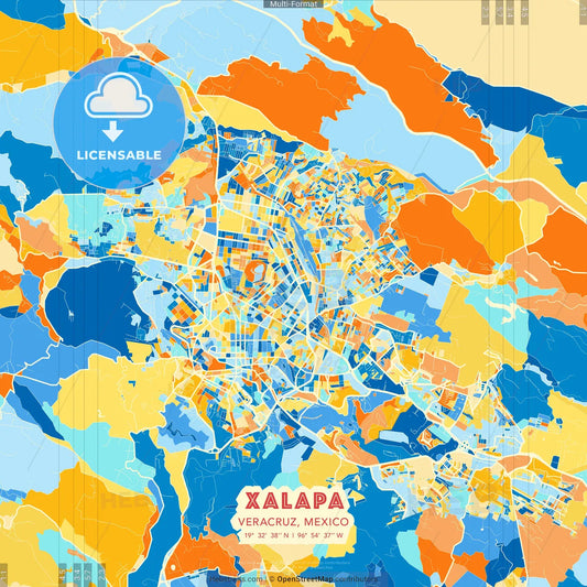 Xalapa, Veracruz, Mexico blue and orange vector art map template
