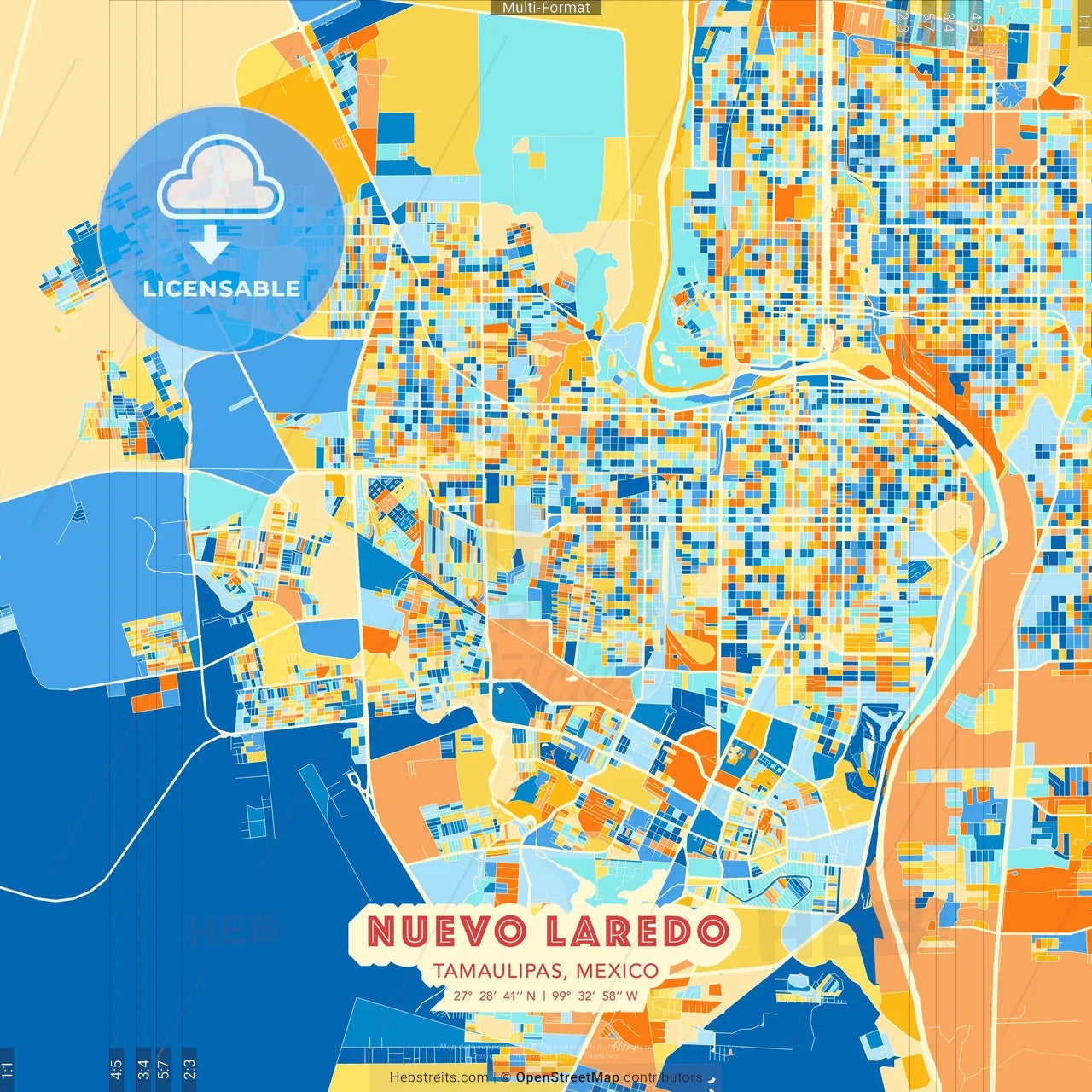 Nuevo Laredo, Tamaulipas, Mexico blue and orange vector art map template