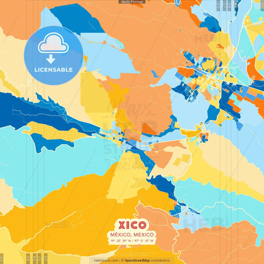 Xico, México, Mexico blue and orange vector art map template
