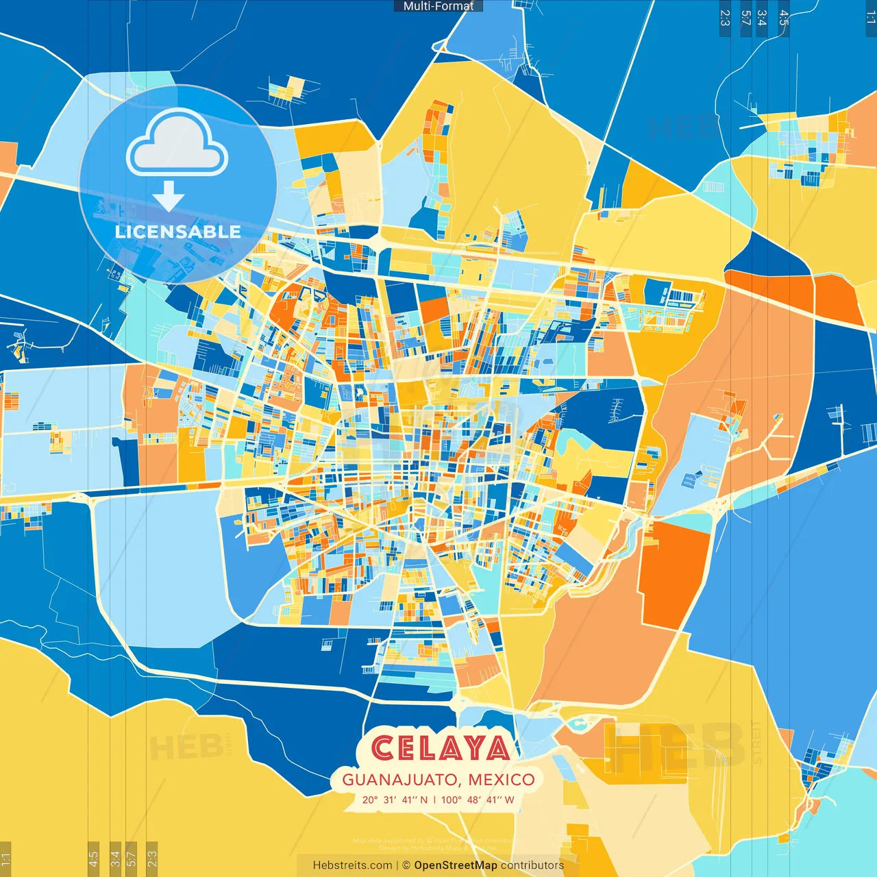 Celaya, Guanajuato, Mexico blue and orange vector art map template