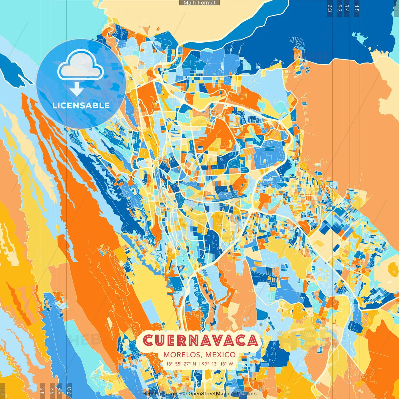Cuernavaca, Morelos, Mexico blue and orange vector art map template