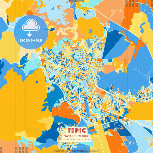 Tepic, Nayarit, Mexico blue and orange vector art map template
