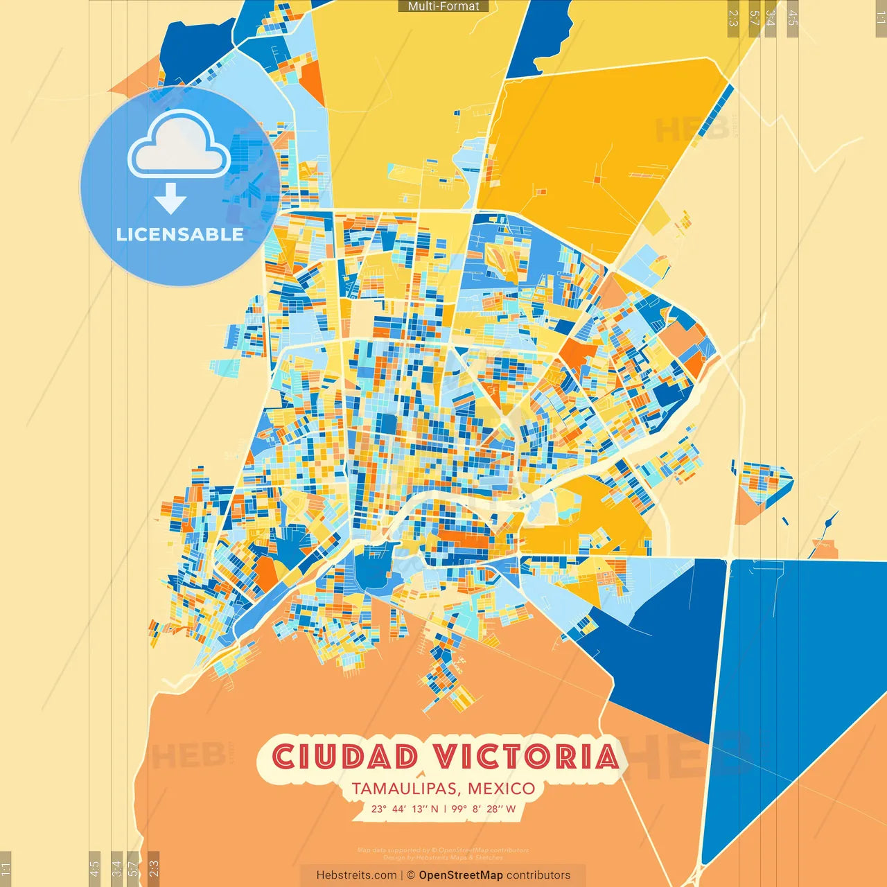 Ciudad Victoria, Tamaulipas, Mexico blue and orange vector art map template