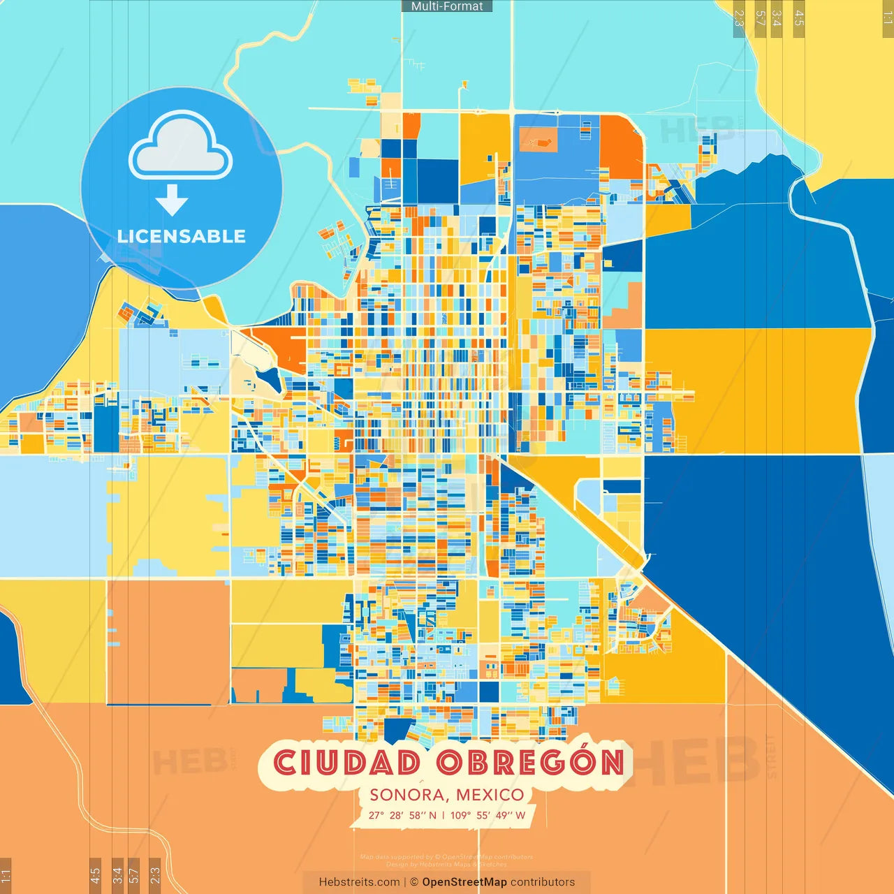 Ciudad Obregón, Sonora, Mexico blue and orange vector art map template