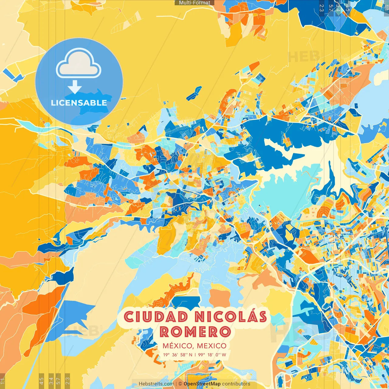 Ciudad Nicolás Romero, México, Mexico blue and orange vector art map template