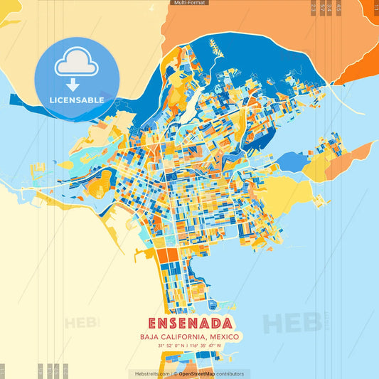 Ensenada, Baja California, Mexico blue and orange vector art map template