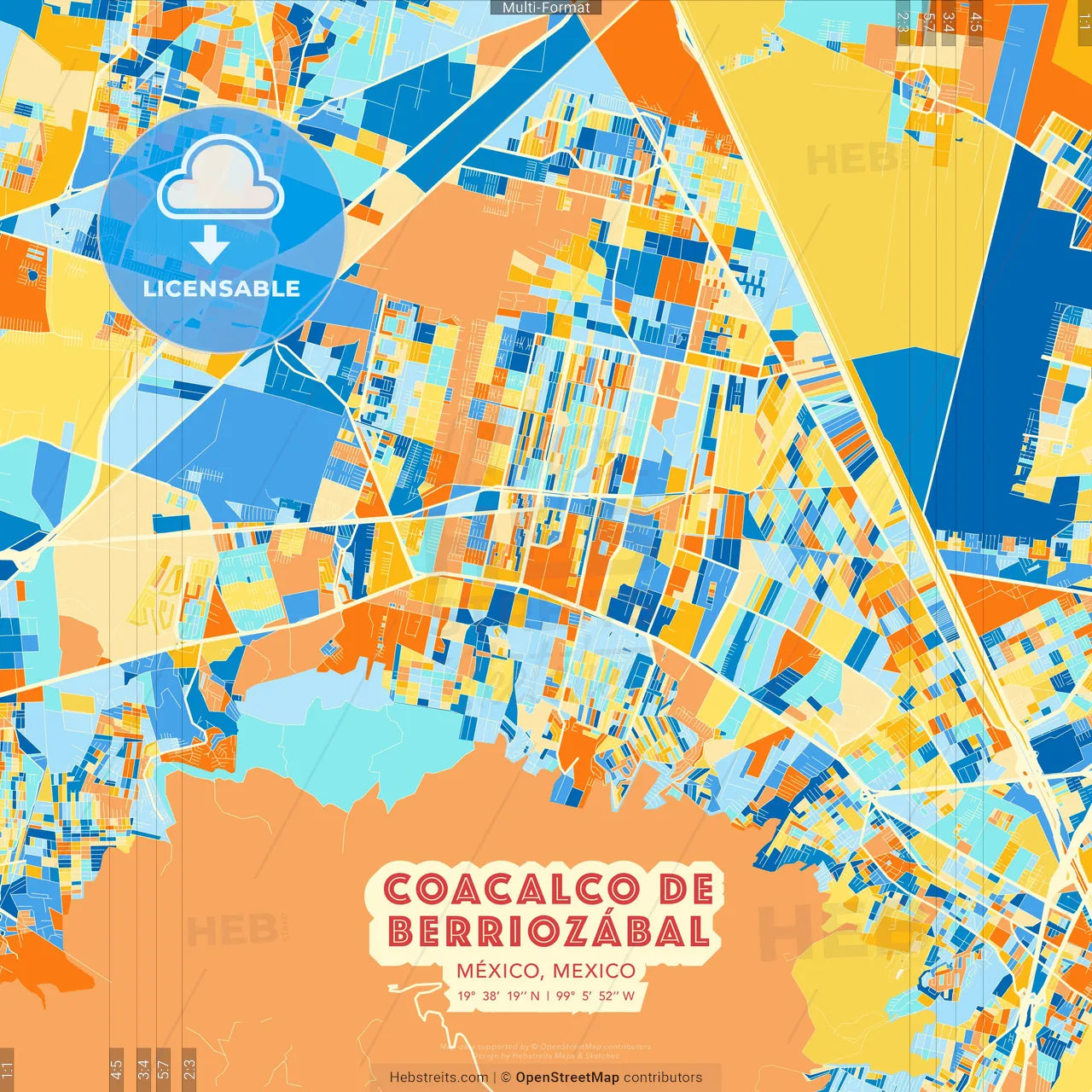Coacalco de Berriozábal, México, Mexico blue and orange vector art map template
