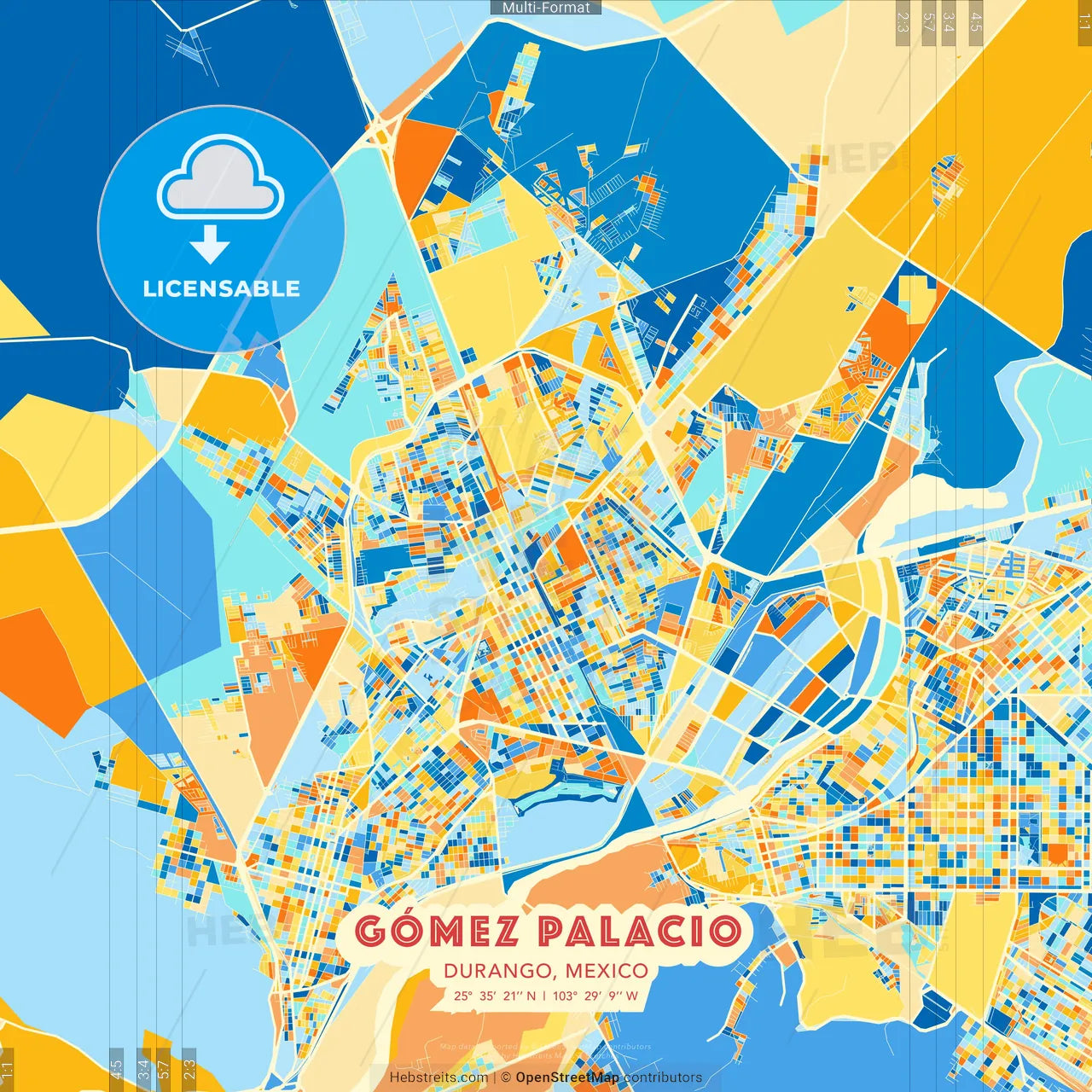 Gómez Palacio, Durango, Mexico blue and orange vector art map template