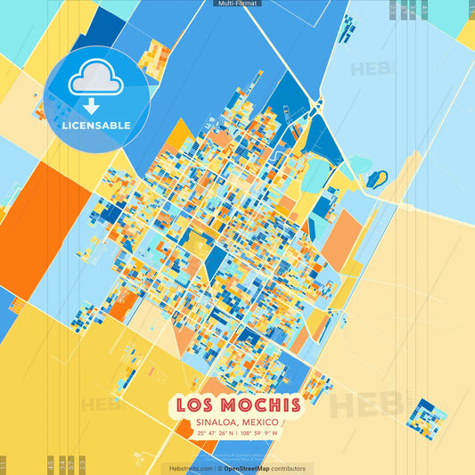 Los Mochis, Sinaloa, Mexico blue and orange vector art map template