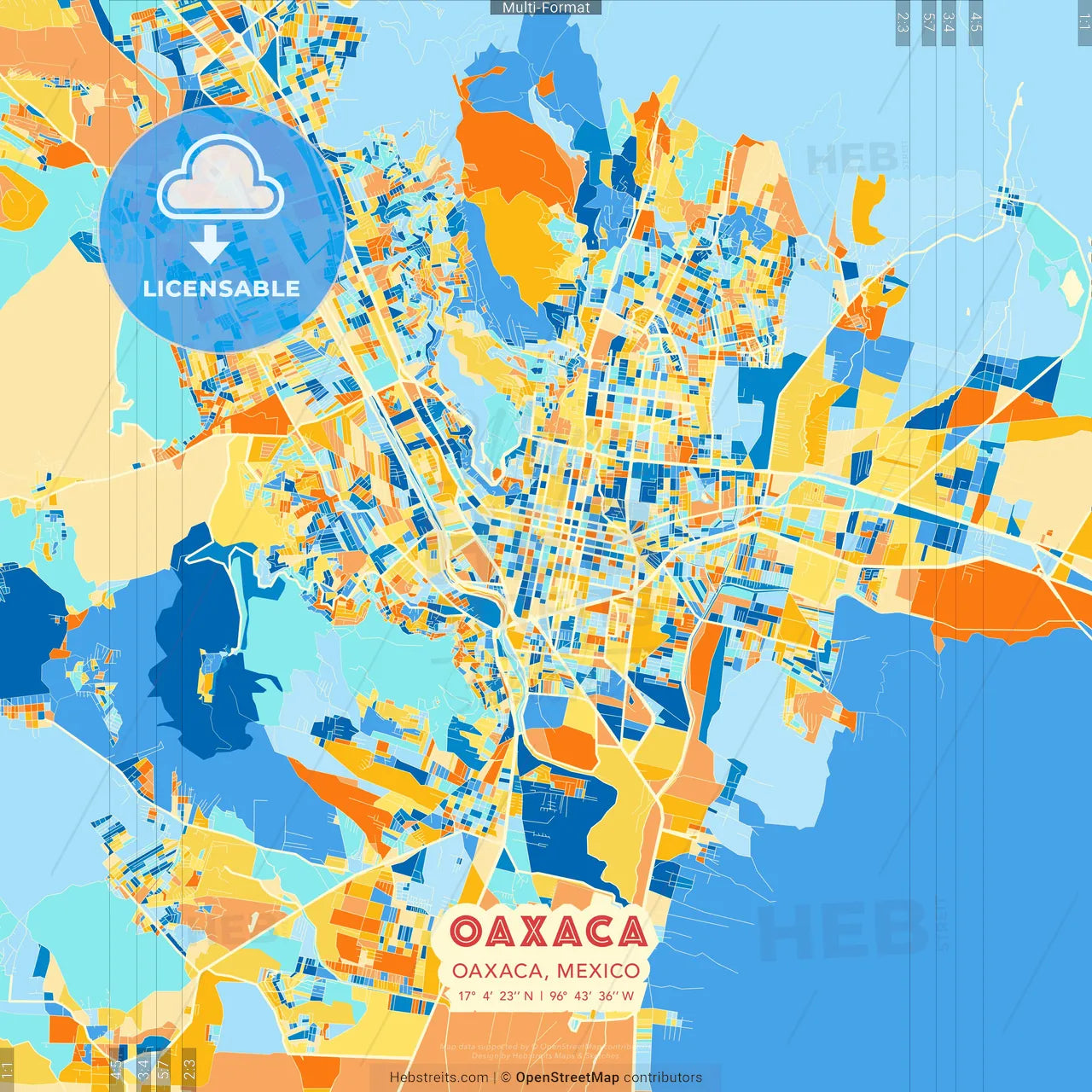 Oaxaca, Oaxaca, Mexico blue and orange vector art map template