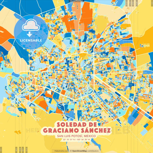 Soledad de Graciano Sánchez, San Luis Potosí, Mexico blue and orange vector art map template