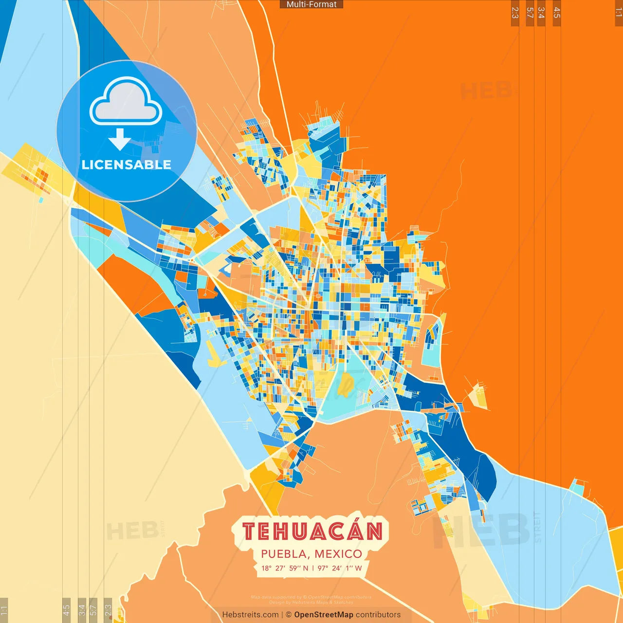 Tehuacán, Puebla, Mexico blue and orange vector art map template