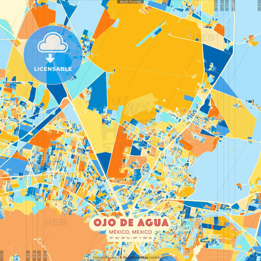 Ojo de Agua, México, Mexico blue and orange vector art map template