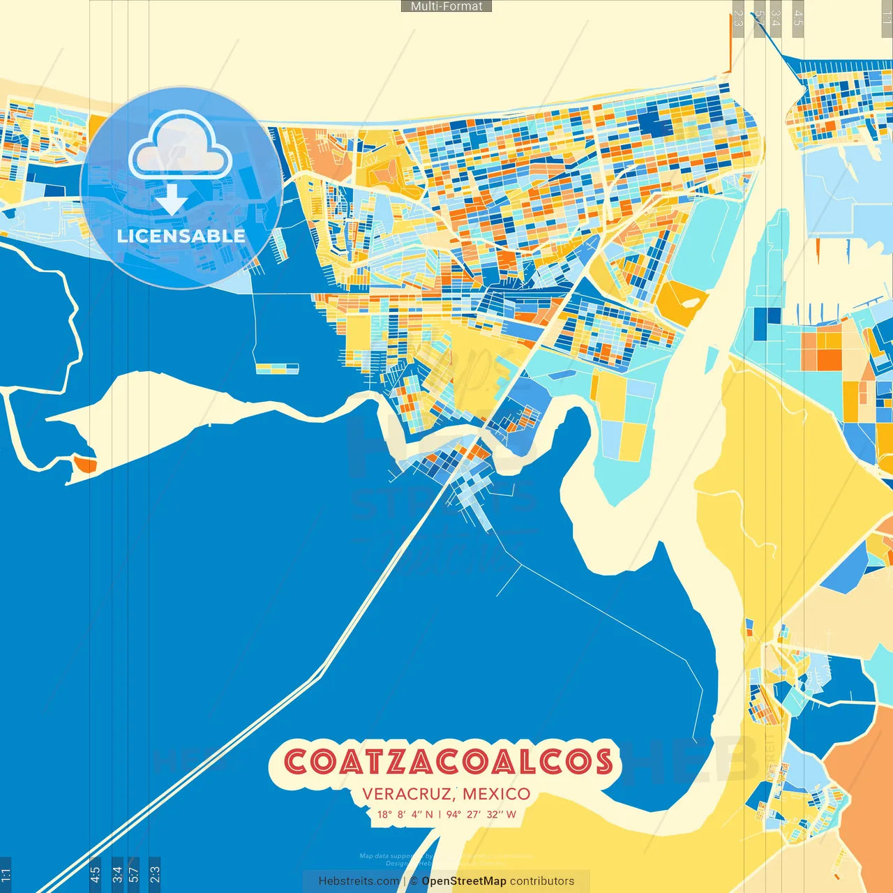 Coatzacoalcos, Veracruz, Mexico blue and orange vector art map template