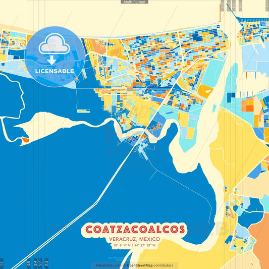 Coatzacoalcos, Veracruz, Mexico blue and orange vector art map template