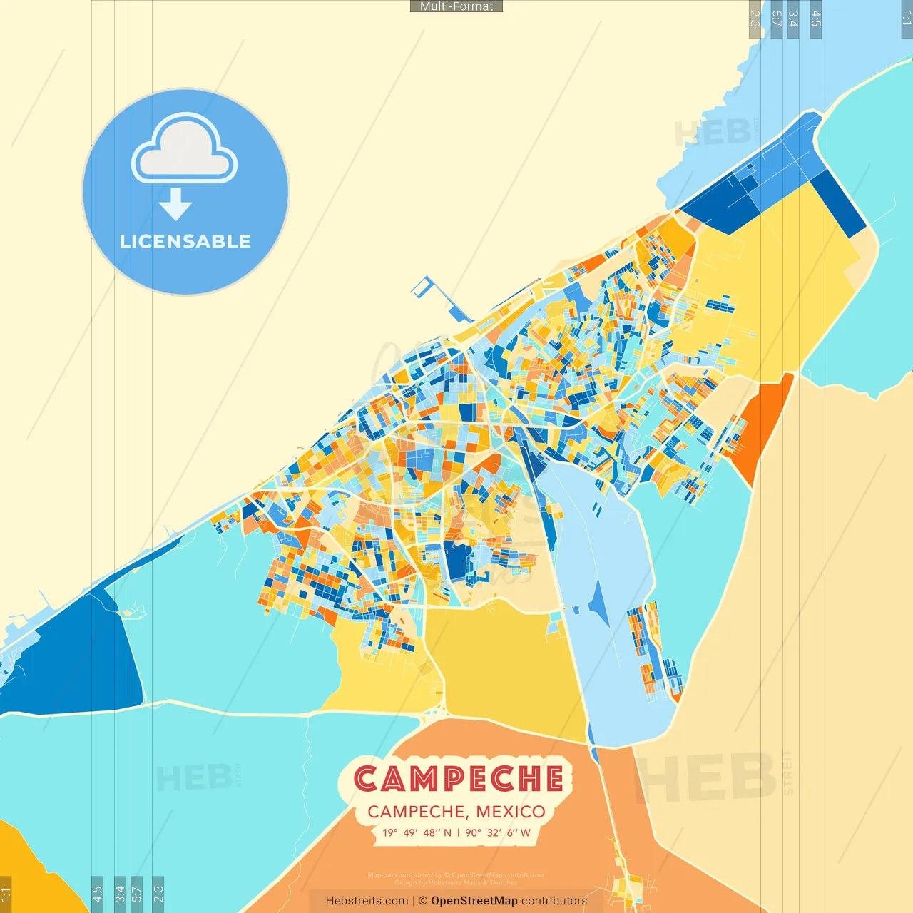 Campeche, Campeche, Mexico blue and orange vector art map template