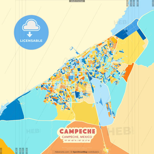 Campeche, Campeche, Mexico blue and orange vector art map template