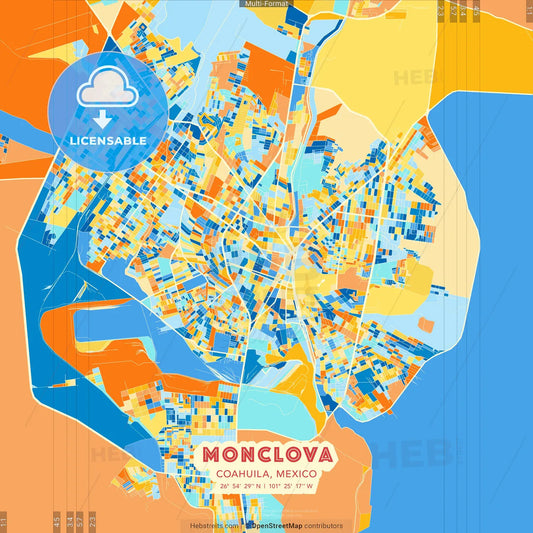 Monclova, Coahuila, Mexico blue and orange vector art map template
