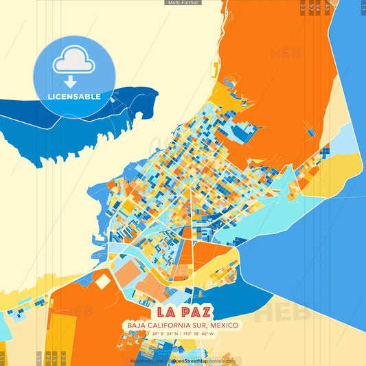 La Paz, Baja California Sur, Mexico blue and orange vector art map template