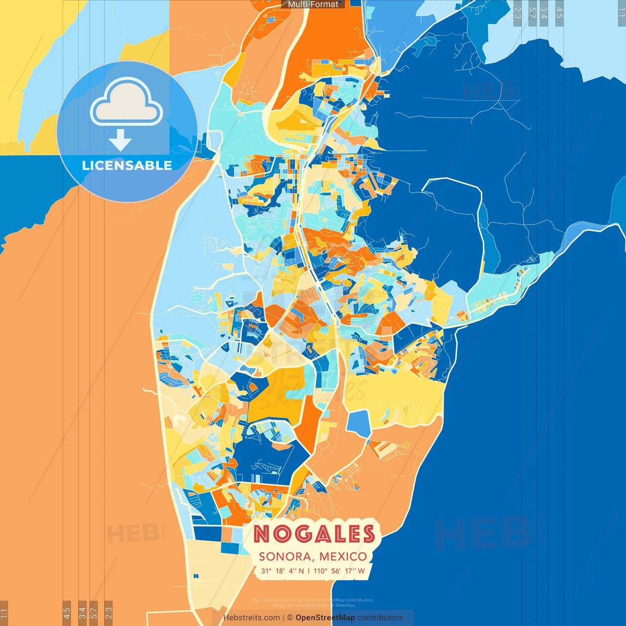 Nogales, Sonora, Mexico blue and orange vector art map template