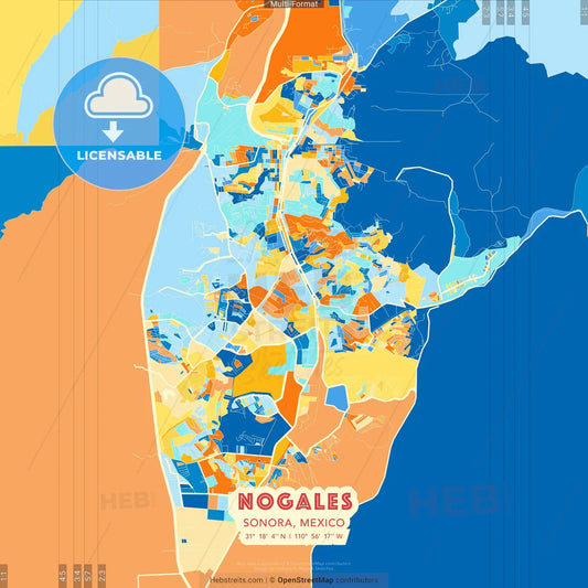 Nogales, Sonora, Mexico blue and orange vector art map template
