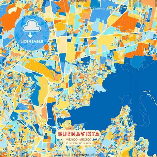 Buenavista, México, Mexico blue and orange vector art map template
