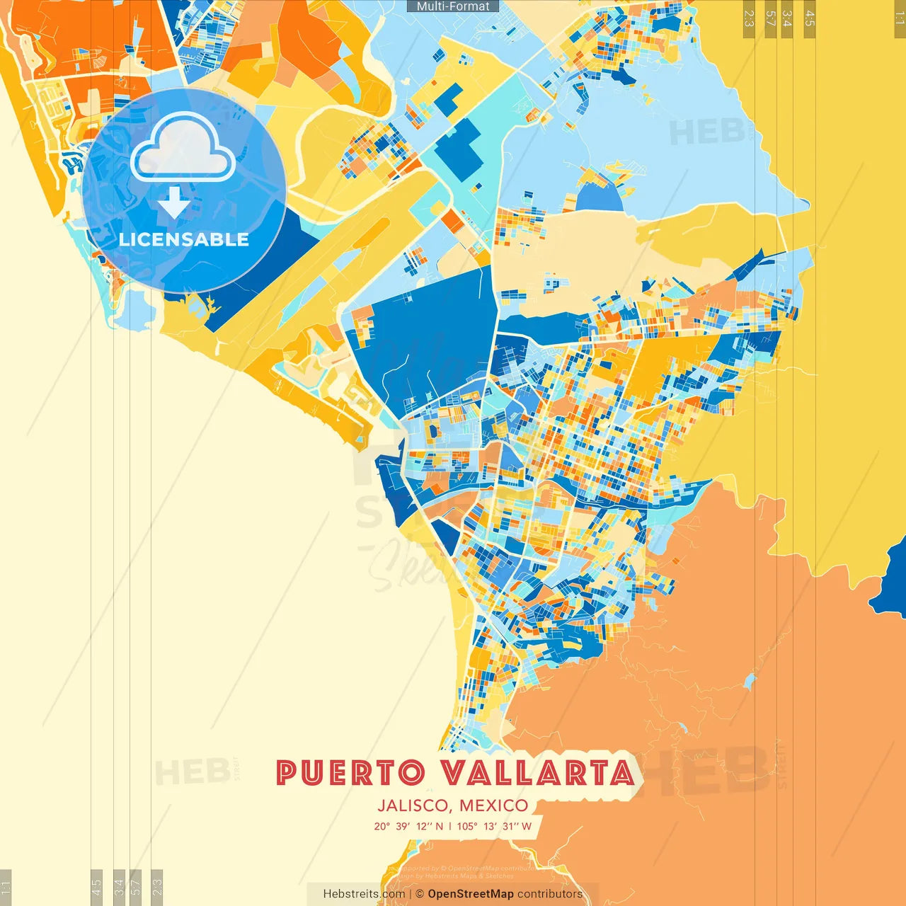 Puerto Vallarta, Jalisco, Mexico blue and orange vector art map template
