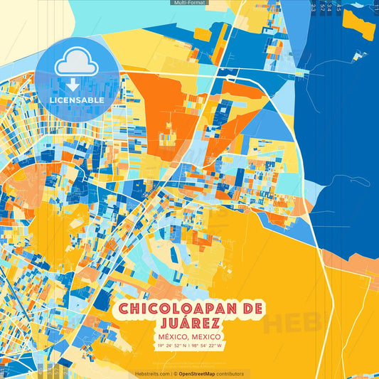 Chicoloapan de Juárez, México, Mexico blue and orange vector art map template