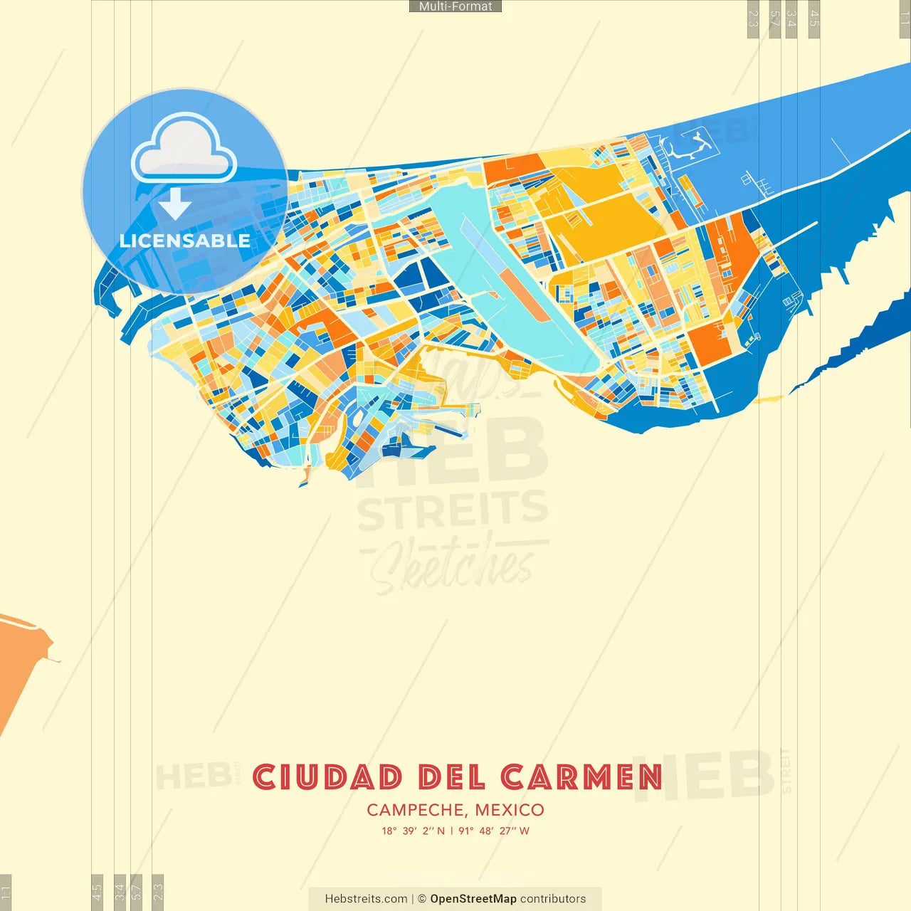 Ciudad del Carmen, Campeche, Mexico blue and orange vector art map template